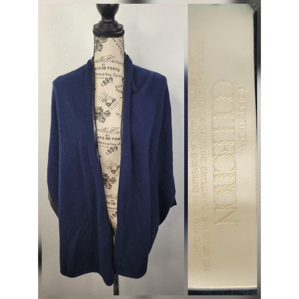 Nordstrom Cardigan Womens One Size 100% Cashmere Leather Trim Short Sleeves Navy